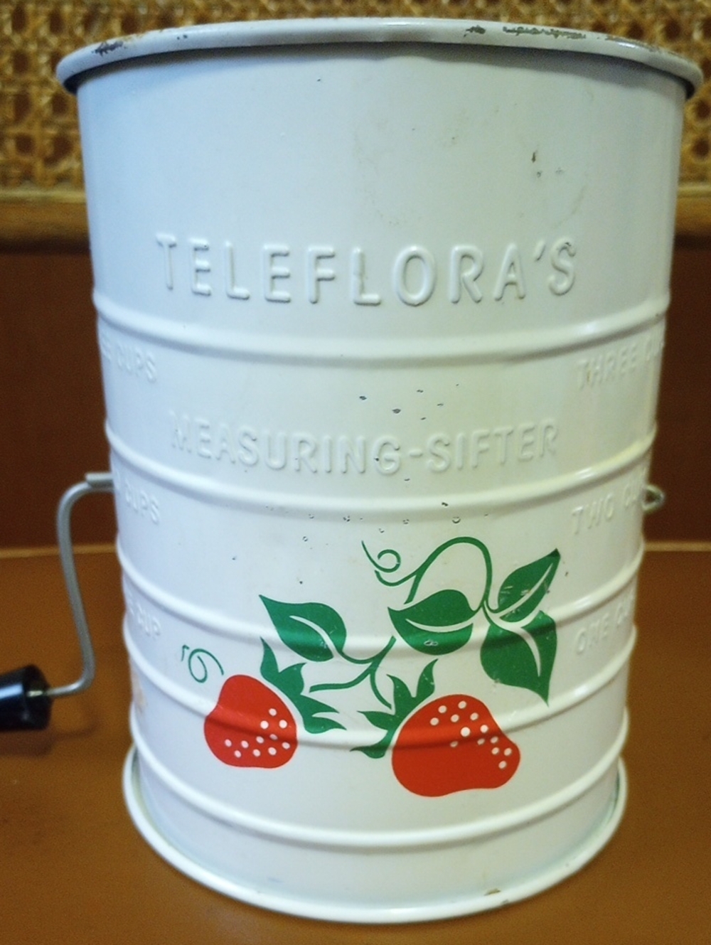 Teleflora Vintage Decorative Sifter. White w/ Red & Green Painted Strawberries